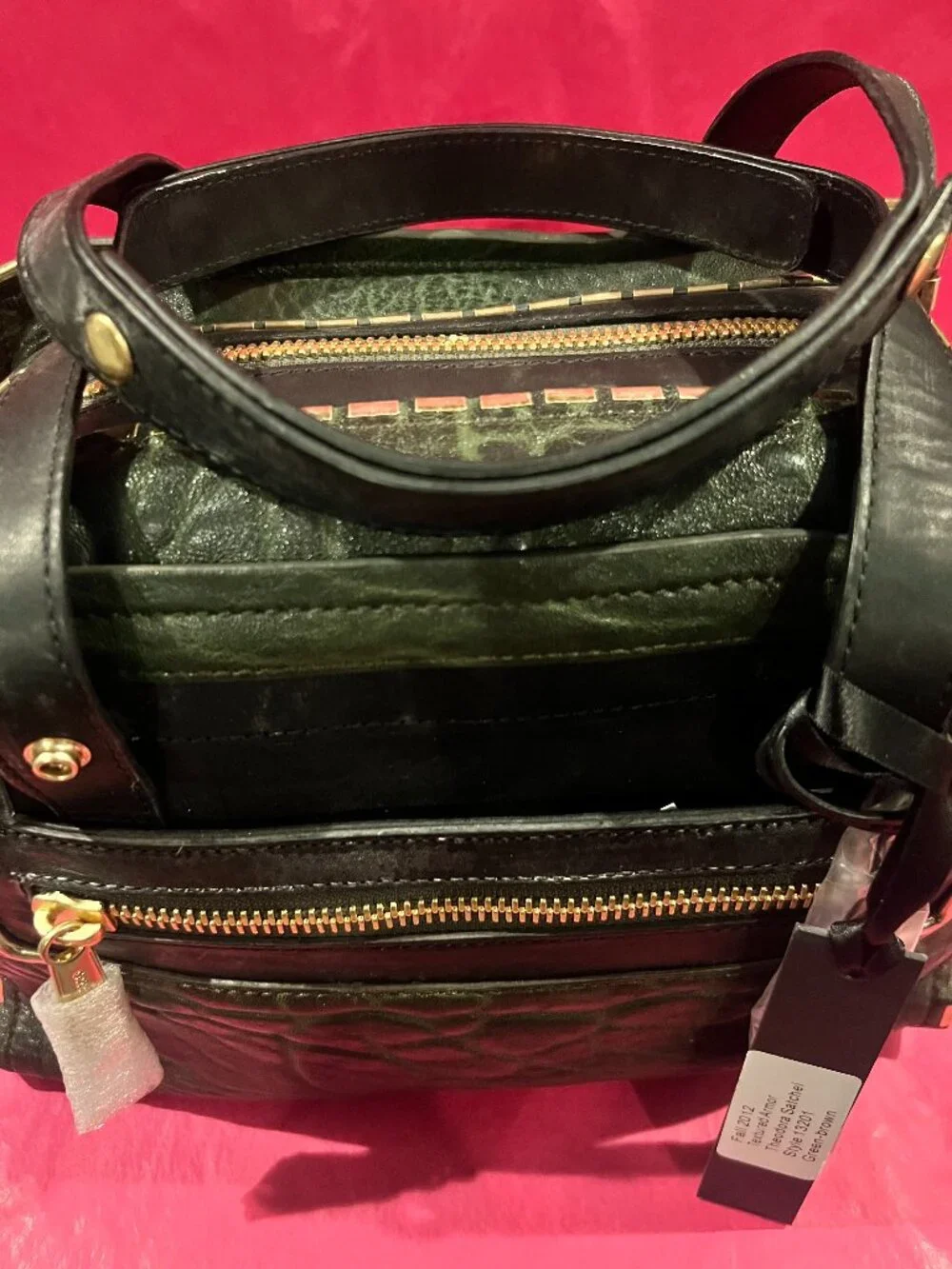 🔥 NWT Gryson Theodora Textured Lambskin Satchel Green Brown Y2K Deadstock 🔥